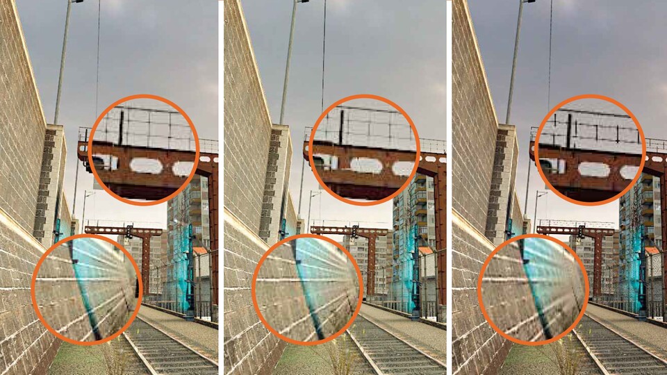 Geforce 8 (links): Praktisch winkelunabhängiges und sehr sauberes AF, 8xAA und 16xAA sehr gut, aber nicht immer besser als ATIs 6xAA. Radeon X1000 (Mitte): Anisotroper Texturfilter mit High-Quality-Treiberoption nahezu auf Geforce-8-Niveau, Gleiches gilt für das sehr gute 6xAA. Geforce 7 (rechts): Schlechter anisotroper Filter, Kantenglättung je nach Situation etwas bis klar erkennbar schlechter als Geforce 8 und Radeon X1000.