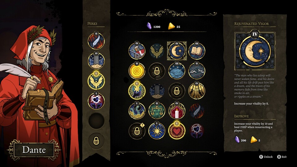 Mit gesammelten Ressourcen schaltet ihr bei Schriftsteller Dante passive Boni frei.