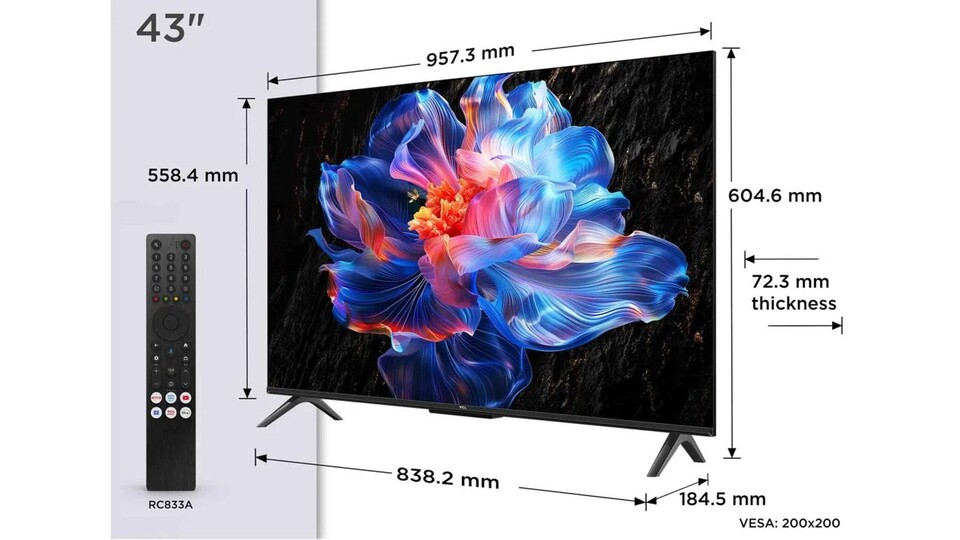 Hier seht ihr die Ausmaße des Fernsehers.