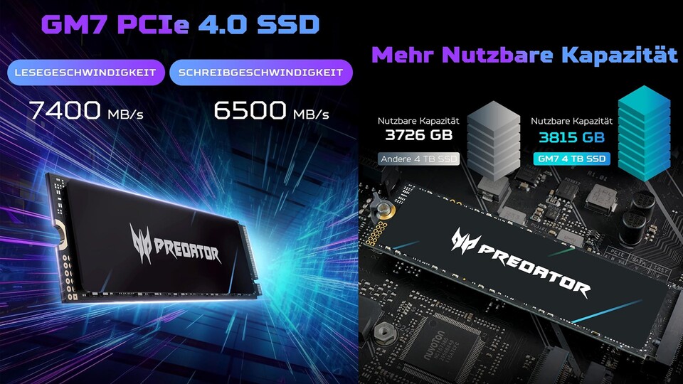 Die Acer Predator GM7 mit 4TB kommt auf 7.400 MBs Lese- und 6.500 MBs Schreibgeschwindigkeit.