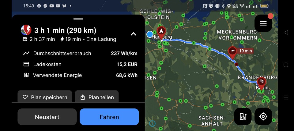 Die Daten des OBD-Dongles lassen sich auch in Routenplaner wie ABRP integrieren (dort nur in der kostenpflichtigen Version) um eine Ladeplanung zu realisieren, auch wenn das Auto so etwas selbst nicht bietet.