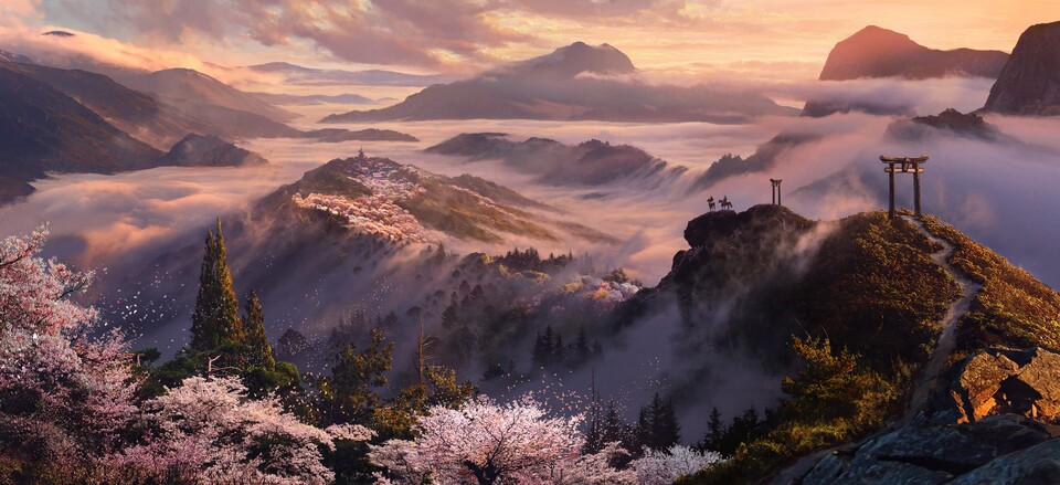 Im Frühling erwartet euch die japanische Kirschblüte. Diese Landschaft könnten die Hügel von Yoshino sein.