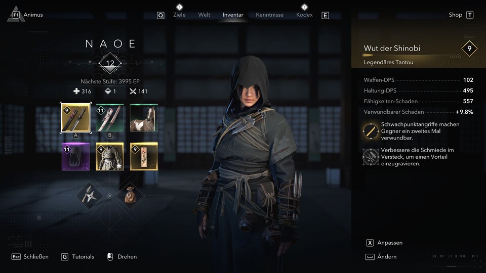 Im Inventar seht ihr eure aktuelle Stufe und wie viel EP es noch zur nächsten braucht.