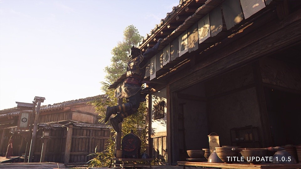 Auch Yasuke kann direkt am Haus hochspringen, um die Dachkante zu greifen.