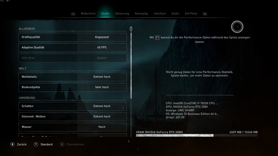 Assassin's Creed Valhalla benötigt bei 4K-Auflösung und höchster Detailstufe 6,5 bis 7,0 GByte Videospeicher.