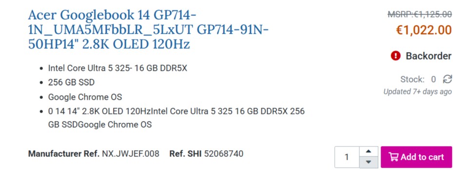 Das Acer Googlebook 14 war bereits kurzzeitig bei einem Händler gelistet. (Quelle: Videocardz)