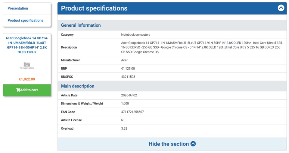 In den technischen Daten zum Acer GP714-91N-50HP ist die Rede von Chrome OS als Betriebssystem. Hierbei handelt es sich allerdings um einen Platzhalter, die Googlebooks werden mit Aluminium OS laufen. (Quelle: Notebookcheck)