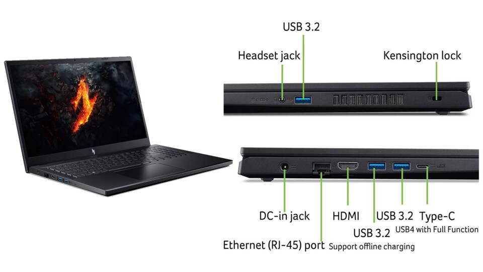 Die Anschlüsse sind bei einem Gaming-Laptop äußerst wichtig und hier liefert das Modell von Acer alle Standards ab.