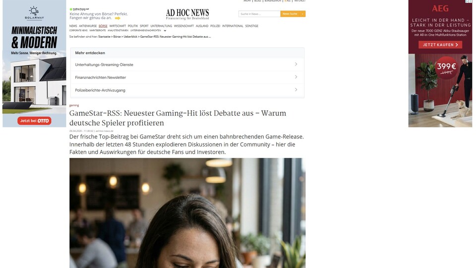 Der »Artikel« von Ad Hoc News wirft bei mir unzählige Fragen auf, ohne eine einzige zu beantworten. Welcher Hit? Welche Debatte? Welcher Top-Beitrag? Warum diese Frau auf diesem Teaserbild? Wieso das alles?