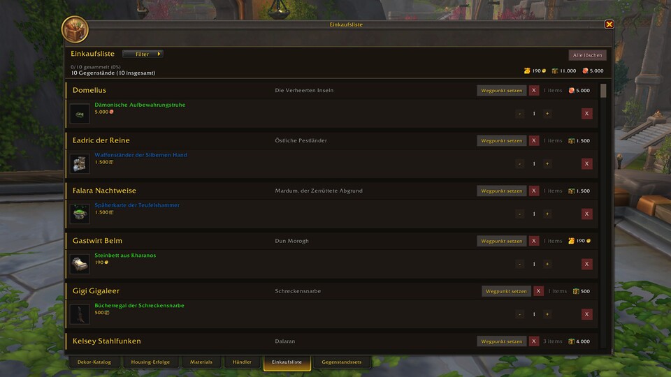 Shoppen mit System: Mit der Einkaufsliste plant ihr eure Housing-Projekte bis aufs letzte Goldstück.