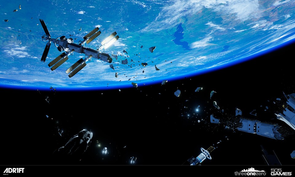 Die zerstörte Raumstation schwebt in Bruchstücken über der Erde.