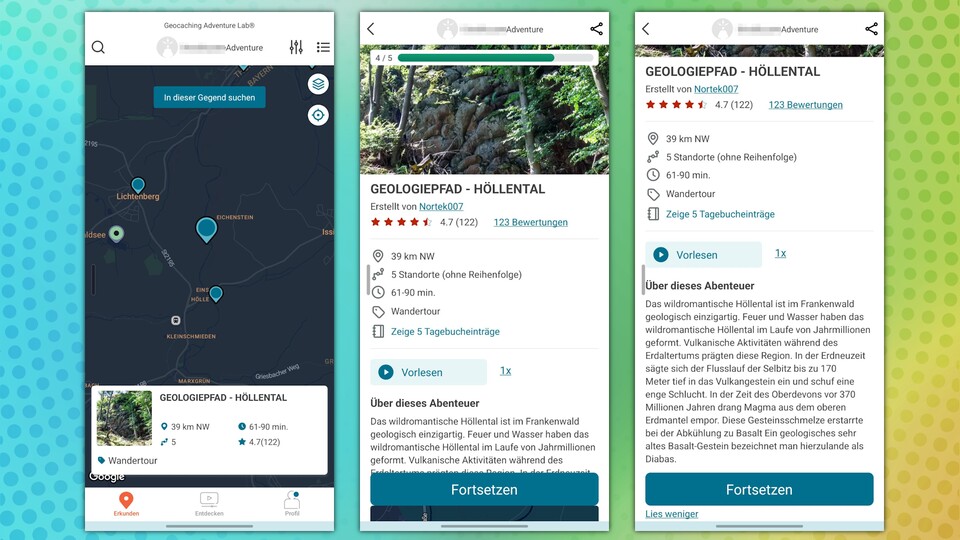 In der Adventure-Lab-App lassen sich zahlreiche Rätsel-Strecken finden. So auch unsere Höllental-Route. (Bildquelle: GameStar Tech)