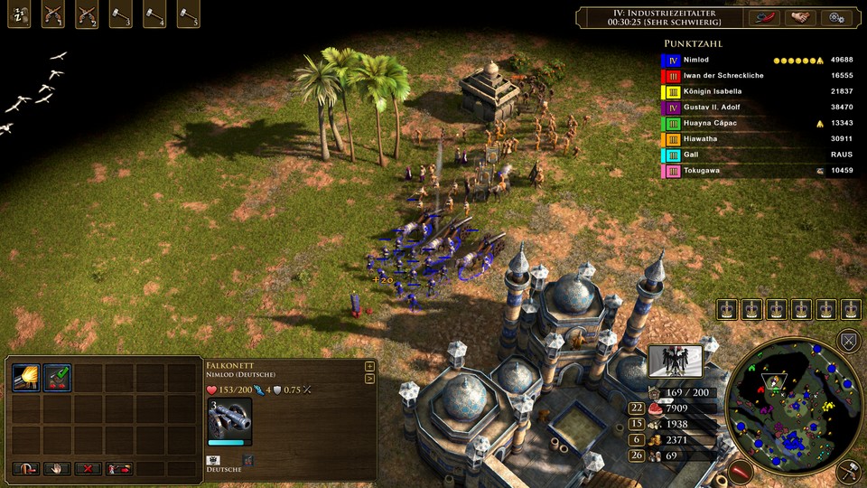Ein Rückzug bei Age of Empires 3, in dem sich ausgewählte Einheiten immer als Marschgruppe verstehen. Meine Kanonen reihen sich hinten ein und entblößen sich damit gegenüber dem anstürmenden Feind…
