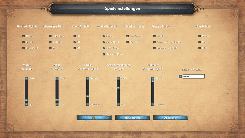 Ein eigenes Grafikmenü besitzt Age of Empires: Definitive Edition nicht, die vier Grafik-Optionen sind in den Spieleinstellungen untergebracht. Regler für Auflösung und Vsync vermissen wir.