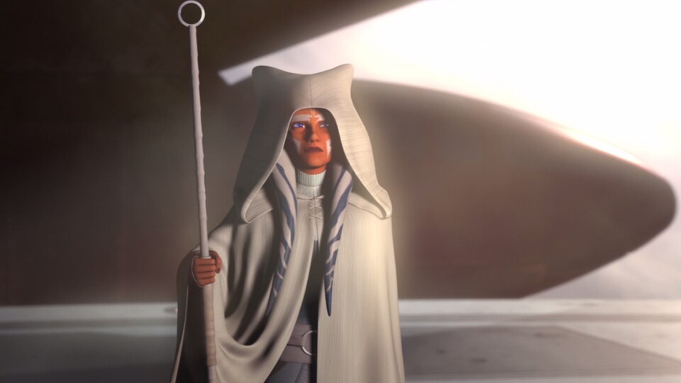 Ahsoka war bereits im Finale von Rebels in ihrem weißen Gewand zu sehen. Ihre eigene Serie hat diese Szenen wieder aufgefgriffen, dabei Ahsoka aber wieder in graue Kleidung gesteckt. Bildquelle: DisneyLucasfilm