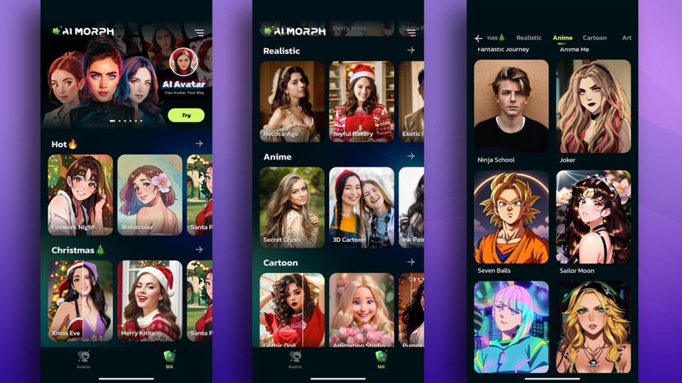 Die Benutzeroberfläche von AI Morph ist sehr einfach zu bedienen. Die Stile sind in verschiedenen Kategorien einsortiert.