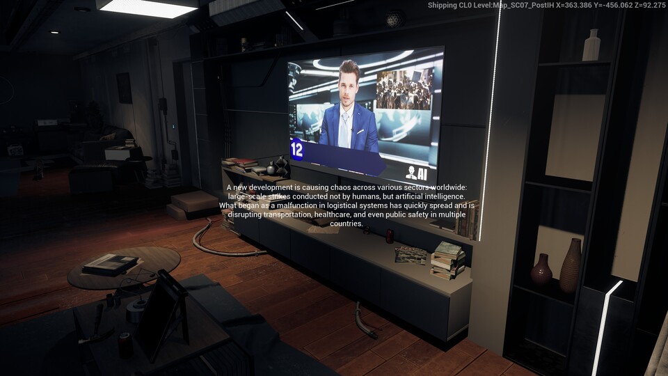 Am Rande bekomme ich mit, dass KI in der realen Welt ein bisschen außer Kontrolle gerät. Der Sprecher scheint übrigens ebenfalls KI-generiert zu sein. Echte Menschen habe ich im Spiel noch keine getroffen.