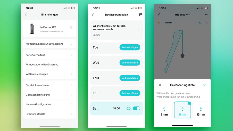 In der App könnt ihr unter anderem die Wassermenge, das Wasserlimit und Zeitpläne für die Bewässerung einstellen.