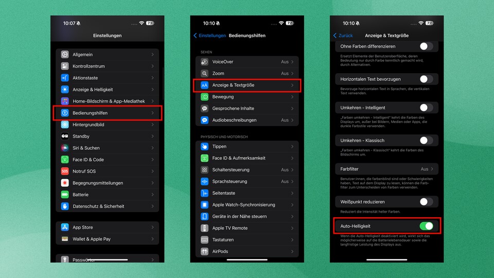 Die Automatische Helligkeit ist widererwarten nicht unter »Anzeige + Helligkeit« zu finden ...