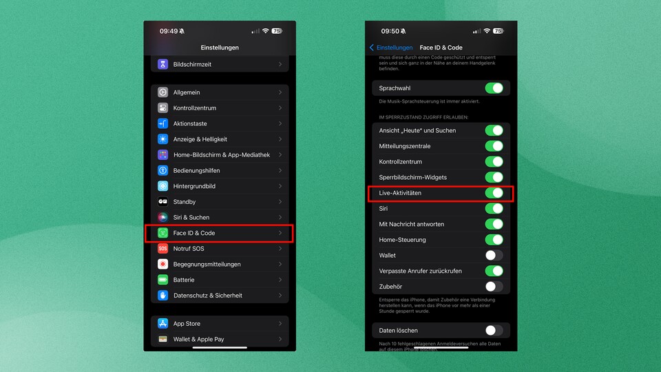 Die Option für Live-Aktivitäten versteckt sich unter »Face ID + Code«.