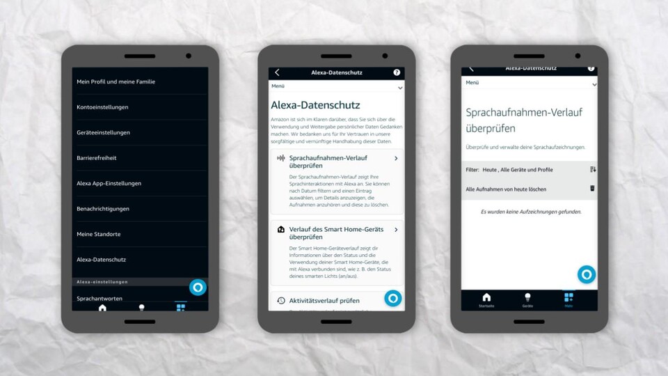 Über die Einstellungen gelangt ihr zum Alexa-Datenschutz, wo ihr eure Aufnahmen im Verlauf prüfen könnt.