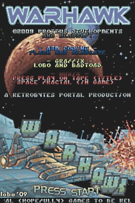 Da die Nutzung kommerzieller Spiele in Emulatoren nicht legal ist, gibt es eine Alternative in Form der teils recht ansprechenden Homebrew-Spiele. Etwa das hier abgebildete Warhawk, ein Remake eines C64-Weltraumshooters mit 16 Levels, zwei Schwierigkeitsstufen und einem Remix der C64-Musik. Der Screenshot wurde über die interne Funktion von No$GBA aufgenommen.