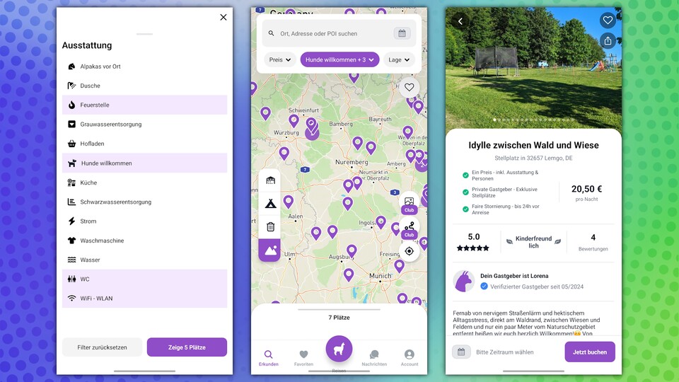 Mit der detailierten Suche kann ich in der Alpaca-Camping-App auch unterwegs abwechslungsreiche und günstige Übernachtungsmöglichkeiten finden. (Bildquelle: Aaron Hofmann GameStar Tech)