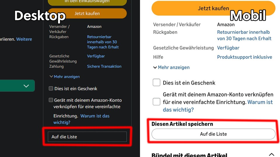 Vormerken lohnt sich: Den Button »Auf die Liste« findet ihr immer etwas unter »Jetzt kaufen«.