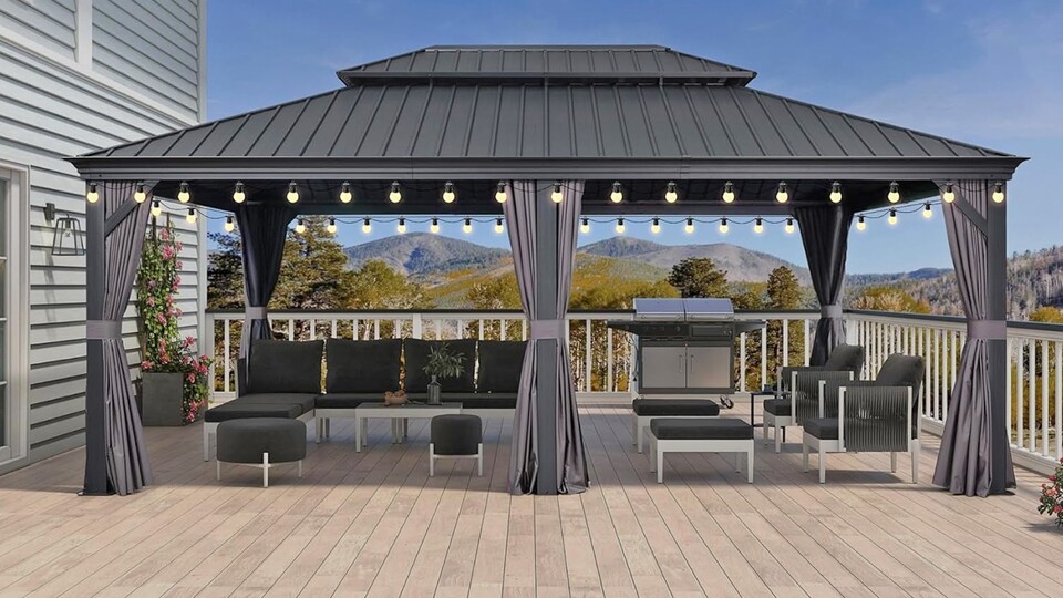 Dieser riesige Pavillon von Purple Leaf ist sogar mit Lichterketten ausgestattet!