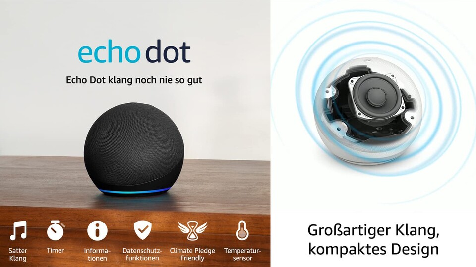 Den Amazon Echo Dot (5. Generation) gibt es in drei verschiedenen Farben: Weiß, Anthrazit und Tiefseeblau.