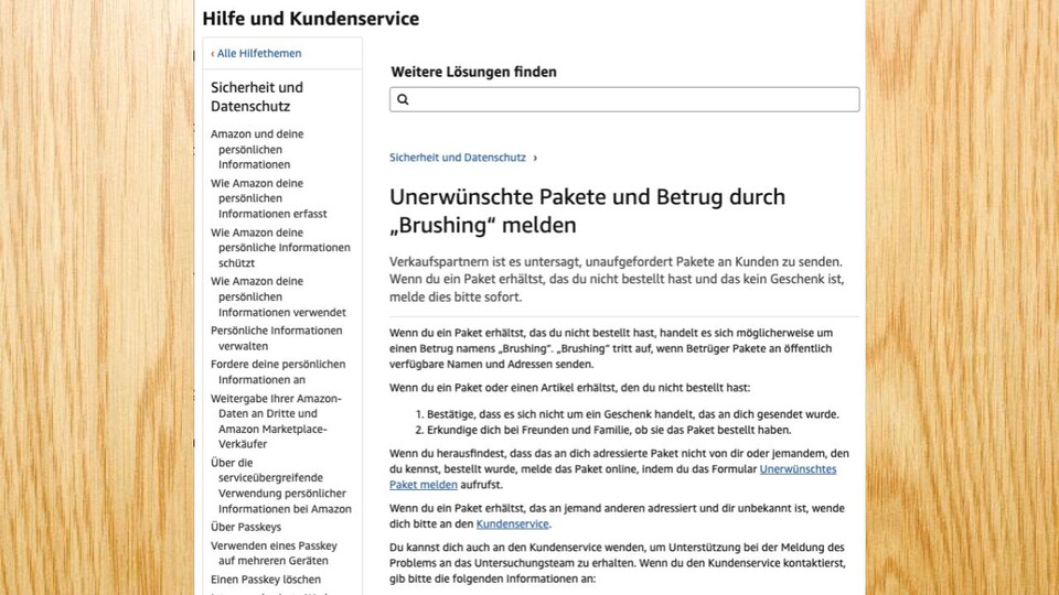 Amazon bietet auch Hilfe an, wenn ihr von Brushing betroffen sein solltet. Dafür findet ihr eine eigene Seite beim Kundenservice. (Quelle: Amazon Kundenservice)