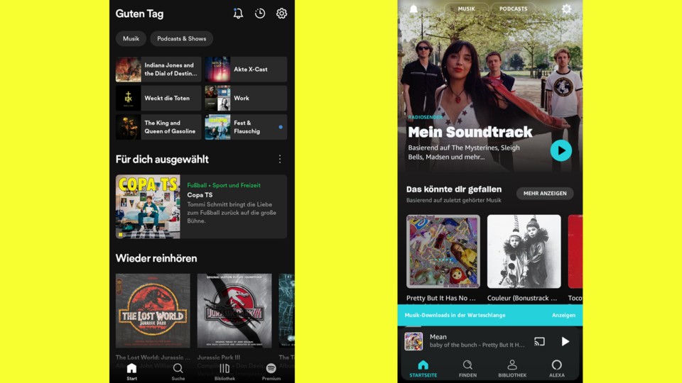 Die Mobile App: Links seht ihr Spotify, rechts Amazon Music.