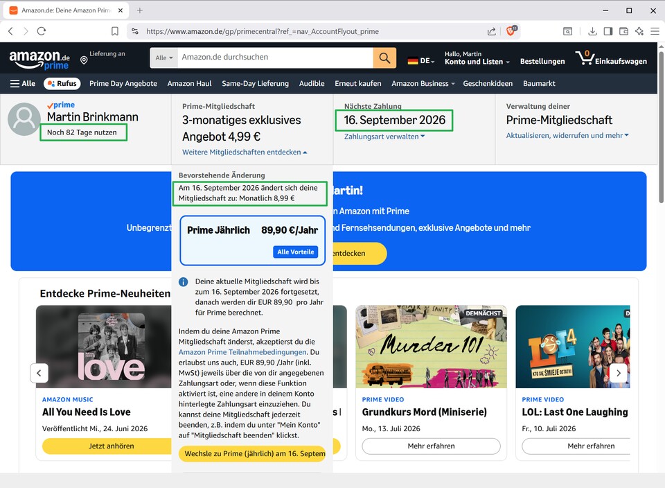 Hier zeigt Amazon wichtige Informationen wie das Datum der nächsten Zahlung und wie viel vom Konto abgebucht werden wird. (Bildquelle: Martin Brinkmann GameStar)