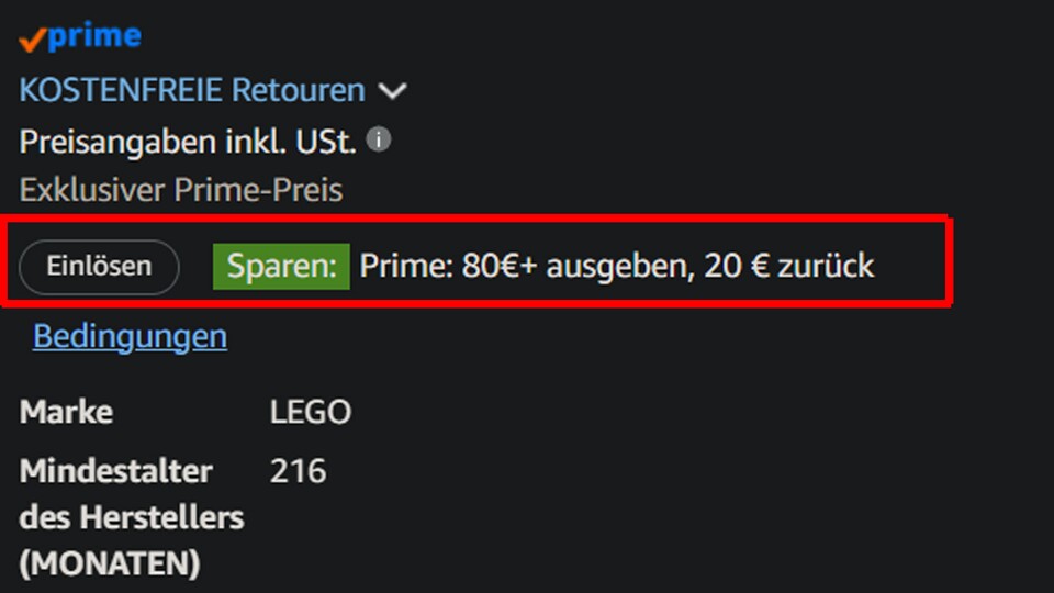 Zum Beispiel beim LEGO Barad-dûr: »Sparen: Prime: 80€+ ausgeben, 20 € zurück«, so simpel, aber doch nicht ganz eindeutig.
