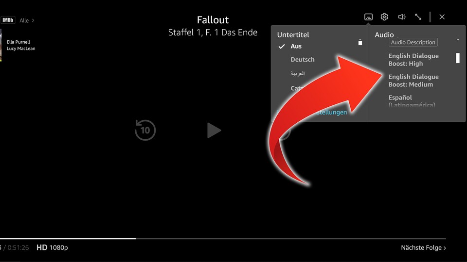 Auf Prime Video gibt es oft unterschiedliche Abmischungen. Die im Bild erhöhen zum Beispiel die Dialogverständlichkeit in unterschiedlichen Stufen. (Bild: Maxe S., GameStar)