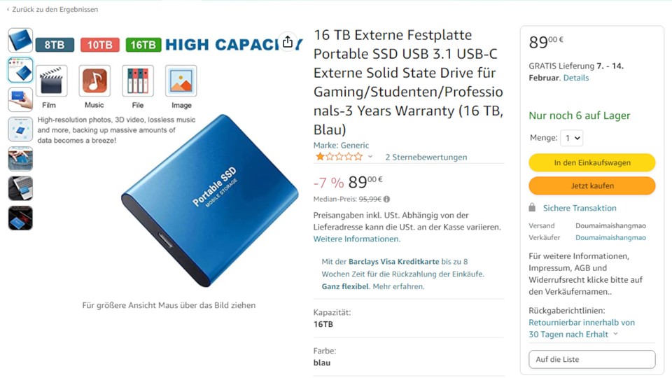 Für diese SSD mit 16 TB gibt es sogar drei Jahre Garantie.