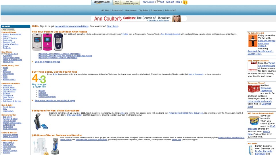 So oder so ähnlich sah Amazon am 22. Mai 2006 aus. (Quelle: Wayback Machine)