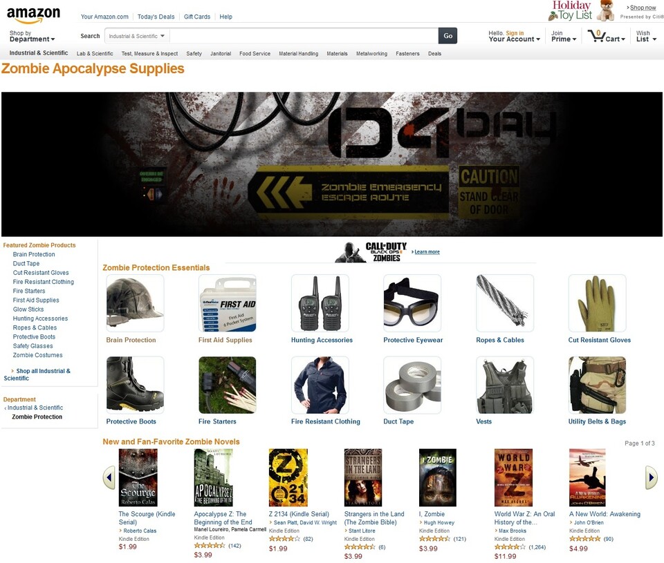 Amazon bietet Ausrüstung für die Zombie-Apokalypse an.