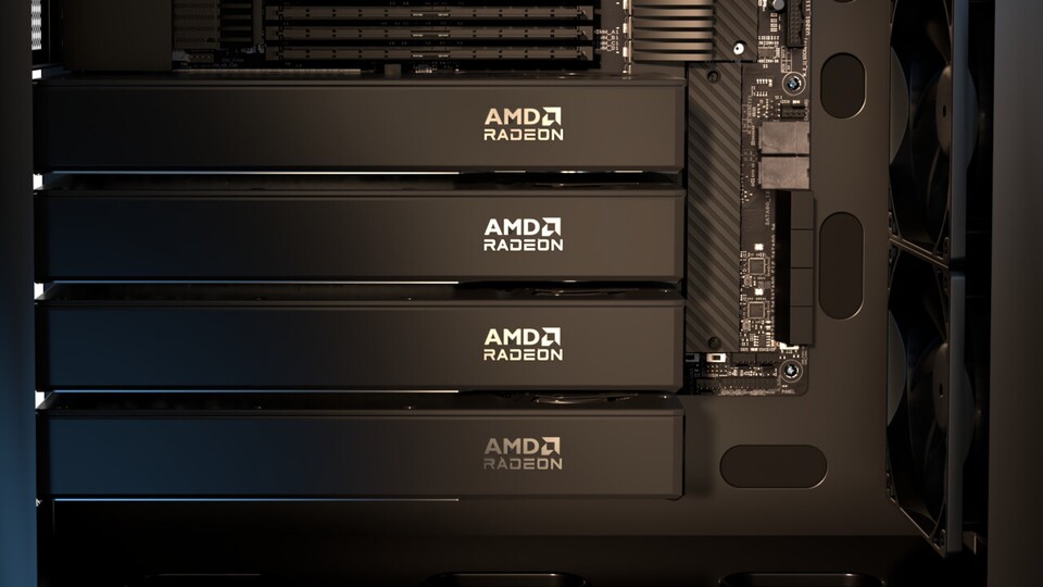 Bis zu vier der neuen KI-Beschleunigerkarten von AMD sollen sich in einem Threadripper-System kombinieren lassen. (Fotoquelle: AMD)