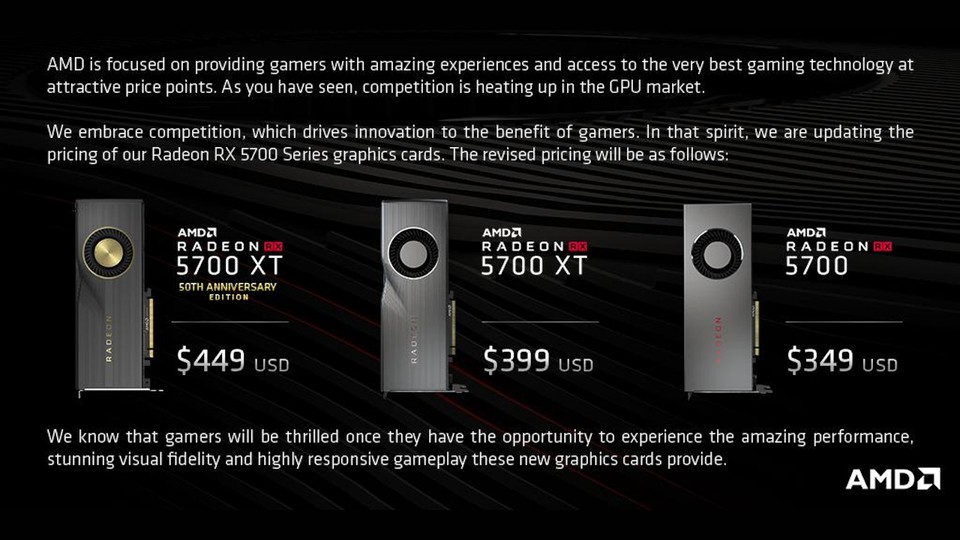 AMD bestätigt Preissenkungen für die morgen (7. Juli) erscheinenden Navi-GPUs und nimmt damit nach eigenen Worten die Herausforderung (durch Nvidia) an.
