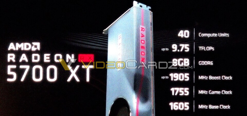 Radeon RX 5700 XT soll mit 9,75 FP32 TFLOPS schneller als eine RTX 2070 sein (Bildquelle: Videocardz)