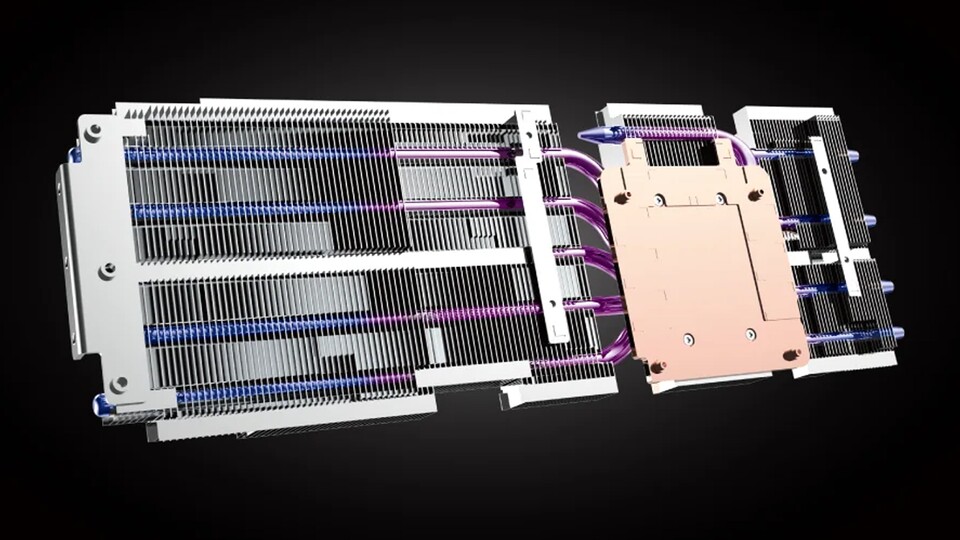 Der Kühlkörper, den Powercolor auf seiner Reaper-Version montiert, führt die Wärme der GPU effizient über eine Kupferplatte und sogenannte Heatpipes an die Kühlfinnen ab.