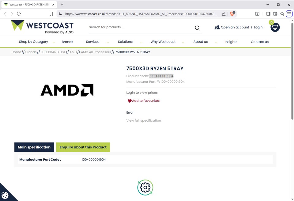 AMD 7500X3D im Westcoast-Store. (Bildquelle: Westcoast)