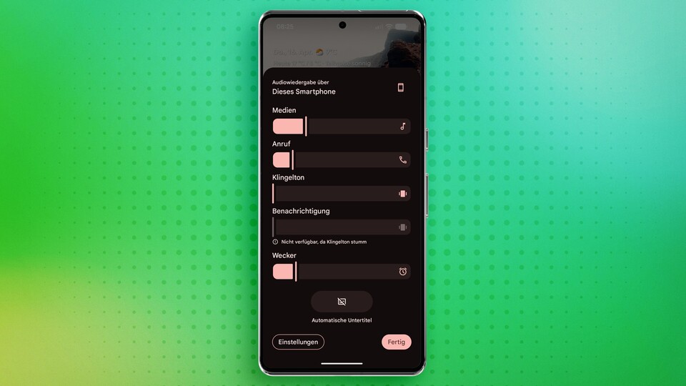 Ein Klick auf die Lautstärke-Wippe und die drei horizontalen Balken genügt. Anschließend kann ich die Lautstärke des Weckers unabhängig von anderen Optionen einstellen.