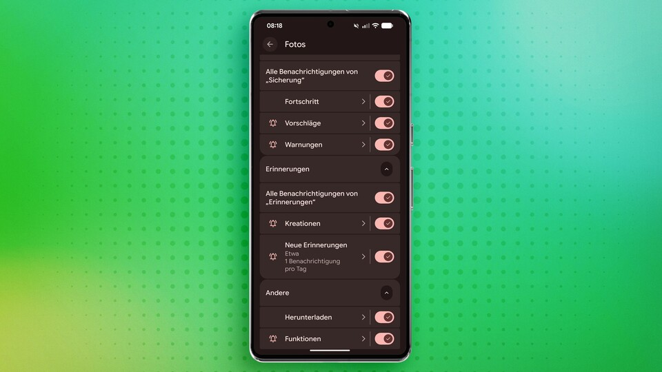 Bei Samsung-Smartphones braucht es eine zusätzliche Option, um weitere Benachrichtigungen setzen zu können. Die Option hierfür nennt sich »Benachrichtigungskategorien für jede App verwalten« unter den Erweiterten Einstellungen unter Benachrichtigungen.