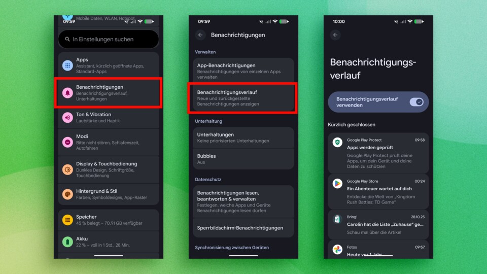 Der Benachrichtigungsverlauf wird bei mir auf jedem neuen Android-Handy sofort aktiviert.