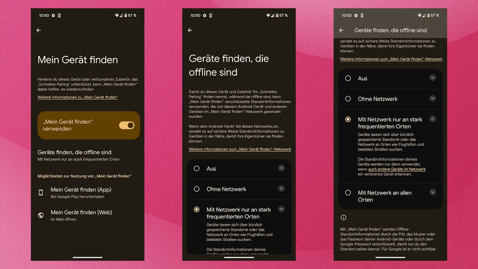 Auch in Deutschland hat Google die Funktion zum Finden von Offline-Geräten bereits frei geschaltet, hier am Beispiel eines Pixel 7 zu sehen.