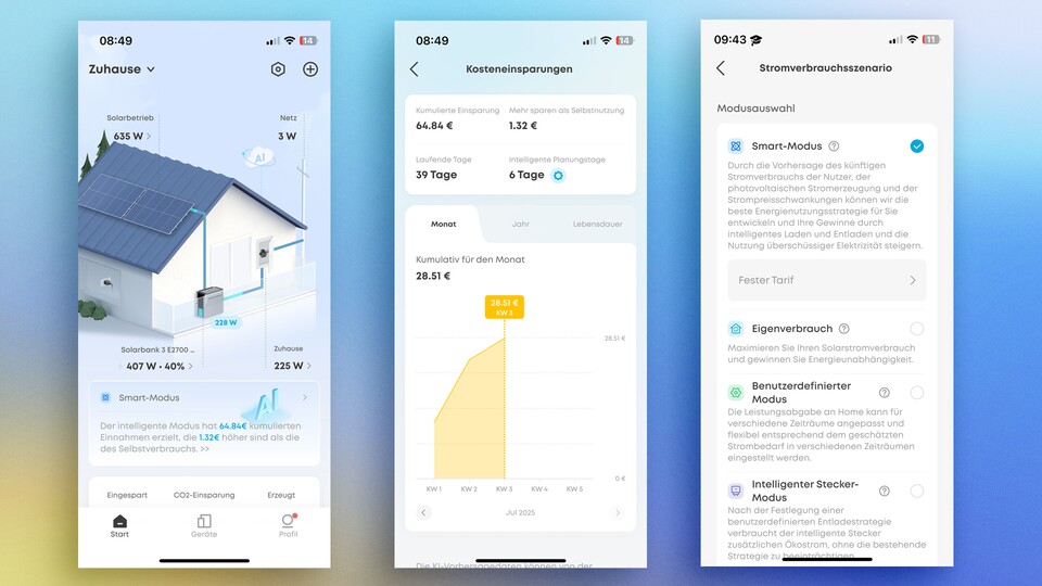 Im Hauptbildschirm sehe ich alle Daten in Echtzeit. Etwas verwirrend: Je nachdem, auf welchen Pfeil ich im Fenster für den Smart Modus klicke, gelange ich zu einem anderen Untermenü.