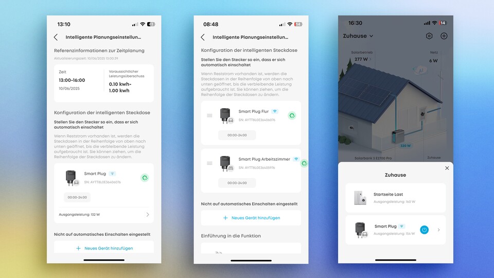 Die Smart Plugs lassen sich automatisch je nach Stromüberschuss oder nach einer festgelegten zeit aktivieren. Die Reihenfolge bestimmt den priorisierten Stromfluss. Im Menü sehe ich, wie viel Energie gerade bezogen wird.
