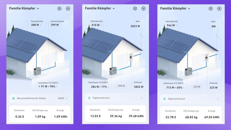 Ich schaue immer wieder in die App, um meinen Verbrauch zu checken. Rechts im Bild seht ihr: Ich verbrauche gerade 233 Watt, generiere aber 946 Watt. 713 Watt fließen also in den Speicher.